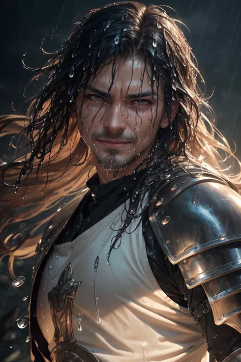 brutal portrait , masterpiece, best quality, 8k, artstation, sharp focus, ultrarealistic, high details, raw photo of a proud 50 years old warrior, (1male:1.2),adult,epic shot, strong wind, heavy rain, (dynamic pose:1.4), (warrior 12th century:1.5),( evil smile:1.1), long beard and long hair, dressed in old torn dirty leather armor, dark atmosphere, it is night time, detailed wall background, volumetric lighting, (photorealistic:1.5), (wet hair:1.5),( drops of water on the face and body, drops of water on the clothes:1.3), gloomy sky,