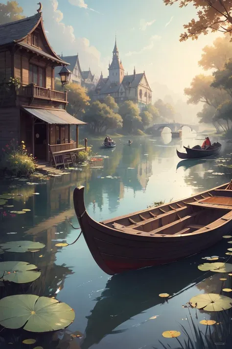 masterpiece, high quality, best quality, there is a boat that is sitting in the water with lily pads, low detailed. digital painting, very detailed digital painting, serene illustration, beautiful digital painting, highly detailed digital painting, digital painting highly detailed, a beautiful artwork illustration, fantasy. gondola boat, detailed digital painting, beautiful digital illustration, in style of atey ghailan, by Ni Yuanlu