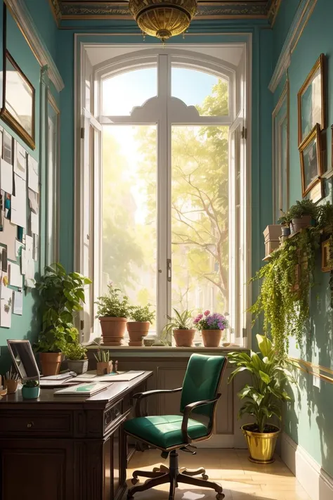 masterpiece, high quality, best quality, Architectural Digest photo of a maximalist green {vaporwave/steampunk/solarpunk} ((Home office)) with flowers and plants, golden light, hyperrealistic surrealism, award winning masterpiece with incredible details, epic stunning
