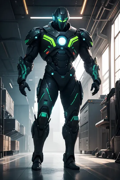 full body photo of a war android, inside industrial spaceship, futuristic science fiction, futuristic theme, muscular, industrial blue and green theme, action scene, digital concept art, realistic, intricate detailed textures, filmic, cinematic, environmental character portrait