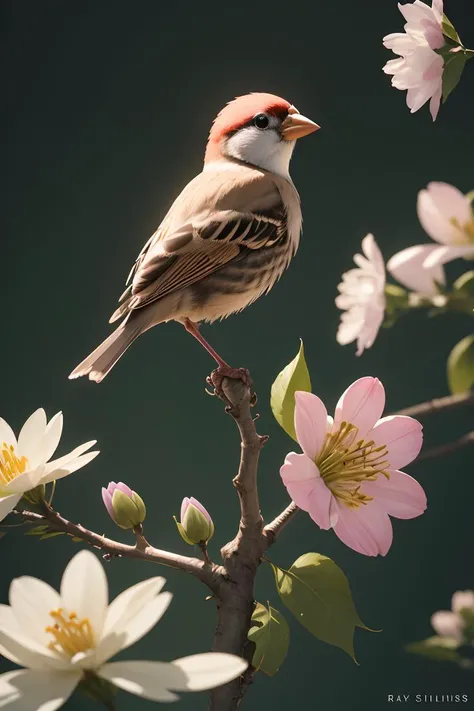 a tiny finch on a branch with (spring flowers on background:1.0), aesthetically inspired by Evelyn De Morgan, art by Bill Sienkiewicz and Dr. Seuss, ray tracing, volumetric lighting, octane render.