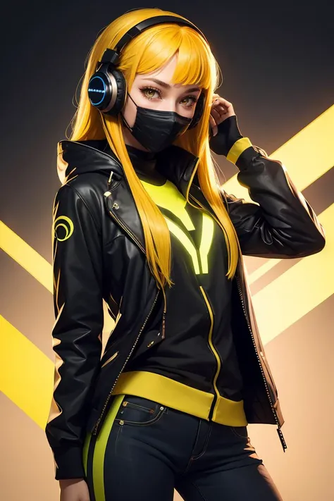 girl with long yellow hair, yellow eyes, futuristic vibes, mask on mouth, headphones, 8k, high quality, simple background, glowing eyes, nice pose