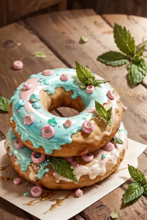 masterpiece, high quality, best quality, blue bubble gum donuts on wooden table strawberry mint leaf, foodphoto,, <lora:foodphoto:0.8>