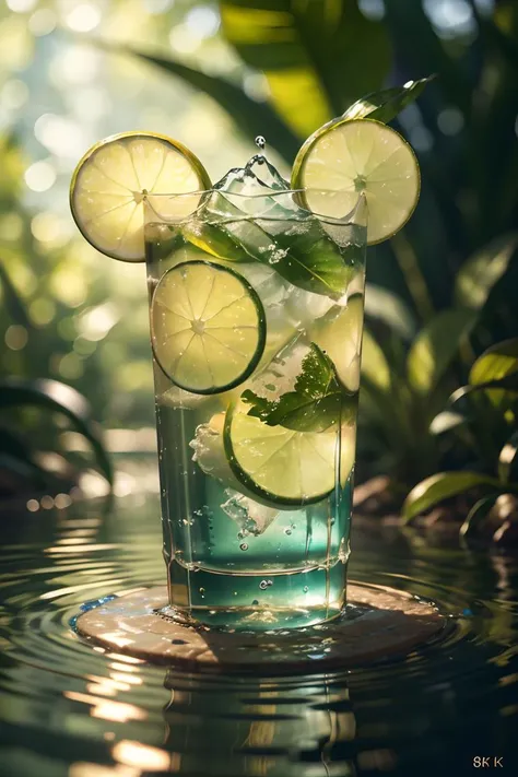 (8k, RAW photo, best quality, masterpiece:1.2),(realistic, photo-realistic:1.37),lemonade,(shiny background:1.2),green theme,water surface, <lora:cosmetics_v2:0.5>,solo focus,Product Feature