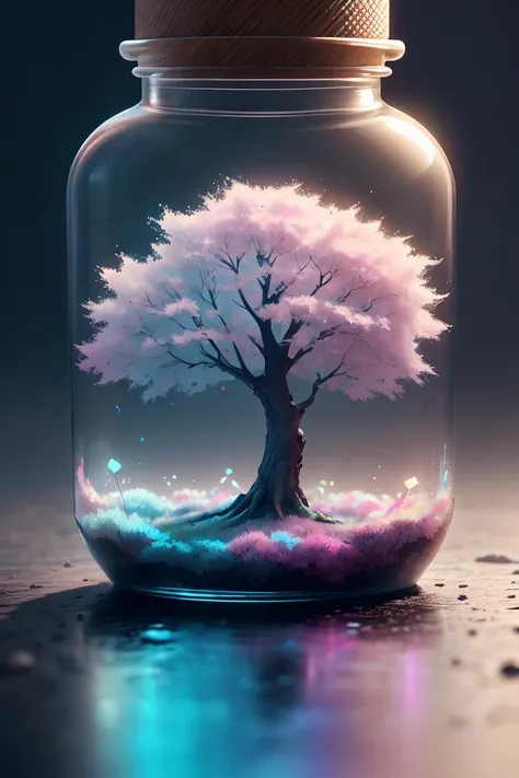 masterpiece,high quality,best quality,sakura tree in a bottle,fluffy,realistic,atmospheric light refraction,by lee jeffries nikon d850 film stock photograph 4 kodak portra 400 camera f1.6 lens rich colors hyper realistic lifelike texture dramatic lighting unreal engine trending on artstation cinestill 800,Style-Glass,adstech,scifi,<lora:AdsTech-20:0.8>,