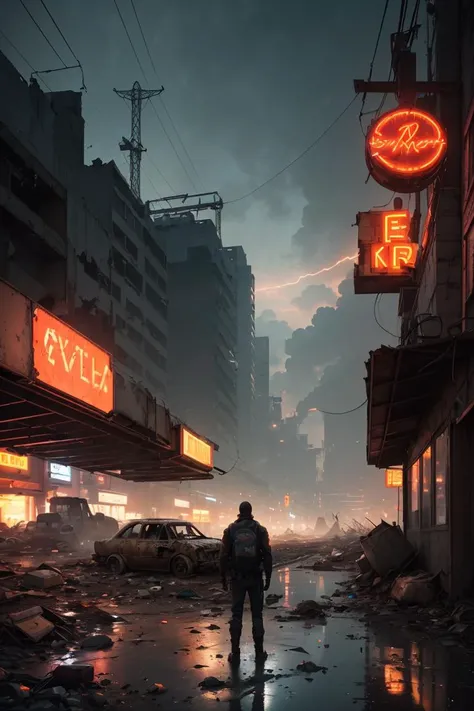 ((wide view)), (((wasteland))), (broken streets), (((a man standing in front of huge mechanical wreckage))), (dim light), (broken bridge), steel bars, (((air rail cars))), scattered power lines, electric sparks, tattered future vehicles, garbage dumps, ((stagnant water in the beach)), rocks, ((dense weeds)), (dense dust smoke), ((ruined neon lights)), thick clouds, ((night view)), high quality, (super fine) , (light detailed), detailed, accurate, 16k resolution, master works, (cinematic lighting), (cyberpunk style), dynamic perspective