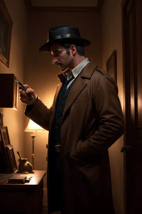 A man is a detective who solves mysteries and crimes. He is wearing a brown coat and a hat,and he has a magnifying glass and a pipe. He is smart and clever as he finds clues and suspects in different cases. The cases are complex and intriguing,and there are some puzzles,riddles,and secrets involved. The scene is suspenseful and mysterious,
<lora:epiNoiseoffset_v2:0.75>,dark backlighting,cinematic lighting,dark atmosphere,
<lora:add_detail:0.35>,
<lora:GoodHands-beta2:0.75>