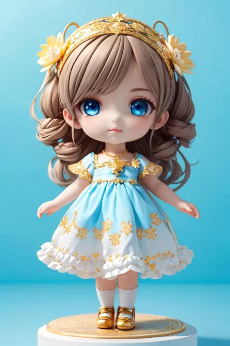 masterpiece, best quality, ultra detailed, intricate details, realistic, (full body:1.3), chibi, 1girl, detailed face, beautiful detailed eyes, blue eyes, shiny eyes, watery eyes, surprise, light brown hair, floating hair, beautiful detailed hair, hair ornament, necklace, white frilly dress, (Light blue children's shoes, gold little stars), (looking at viewer), flowers, flower shop, <lora:blindbox_V1Mix:1>,