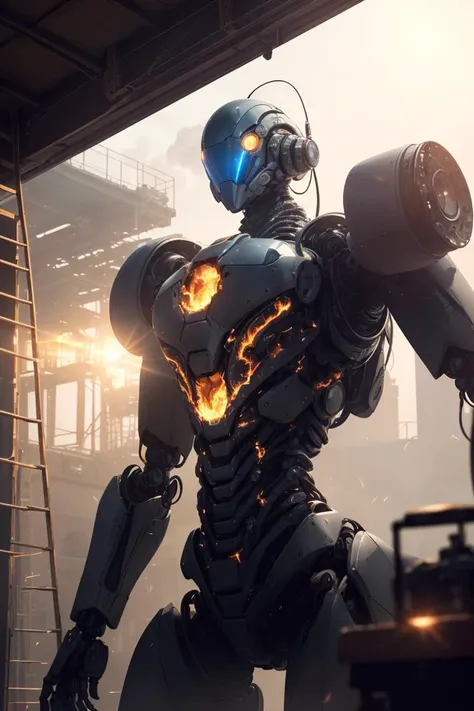 (RAW photo, 4k, realistic, extremely intricate, exquisitely detailed skin, :1.3),((scifi)) ray tracing, cinematic light,wide shot,sidelighting, ultra high res, perfect anatomy,extremely detailed ((upper body:1.3)), no_human, background, best shadow,cinematic angle,perspective, a giant humaniod robot in the workshop, steel frames and ladder around humanoid robot, people fixing humanoid robot on the Steel platform, ((sparks, and flames surround it)), (lens flare:1.3),(backlight:1.3), rim lighting, two tone lighting, dimly lit, high contrast, deep shadows,dynamic light,high saturation,finely detailed background,sci-fi,sparks, ((darkness:1.3)), <lora:LowRA:0.6>,
