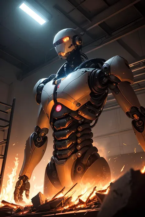 (RAW photo, 4k, realistic, extremely intricate, exquisitely detailed skin, :1.3),((scifi)) ray tracing, cinematic light,wide shot,sidelighting, ultra high res, perfect anatomy,extremely detailed ((upper body:1.3)), no_human, background, best shadow,cinematic angle,perspective, a giant humaniod robot in the workshop, steel frames and ladder around humanoid robot, people fixing humanoid robot on the Steel platform, ((sparks, and flames surround it)), (lens flare:1.3),(backlight:1.3), rim lighting, two tone lighting, dimly lit, high contrast, deep shadows,dynamic light,high saturation,finely detailed background,sci-fi,sparks, ((darkness:1.3)), <lora:LowRA:0.3>,