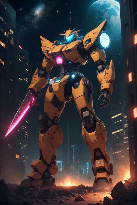On the moon,barren planets, ruins, holding_weapon, no_humans, glowing, robot, building, glowing_eyes,orange mecha, science_fiction, city, realistic,mecha,Milky Way Galaxy background,full body,neon,cyberpunk,