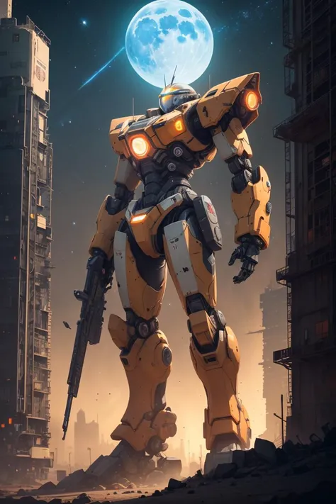 On the moon,barren planets, ruins, holding_weapon, no_humans, glowing, robot, building, glowing_eyes,orange mecha, science_fiction, city, realistic,mecha,Milky Way Galaxy background,full body,neon,cyberpunk, <lora:steampunkai10MBLora_10mb:0.5>