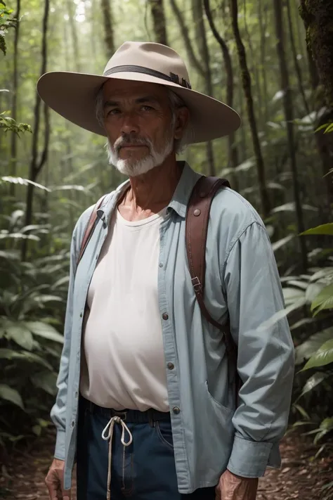 RAW photo, a portrait photo of 55 y.o man, traveler clothes, standing in the forest, natural skin, 8k uhd, high quality, film grain, Fujifilm XT3