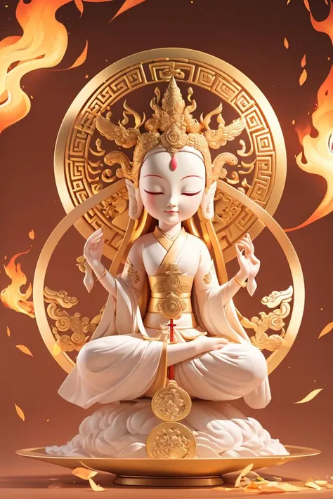 official art, unity 8k wallpaper, ultra detailed, beautiful and aesthetic, masterpiece, best quality,(extremely detailed:1.3), dynamic angle, elegant, (dream:1.2),(harmony, balance, yin-yang), Chinese silk painting, Tai Chi principles, fluid motion, interconnected elements, the interplay of contrasting forces, Daoist philosophy, I Ching, warm and cool color palette, reflective art, inspired by Laozi, Yin Yang diagrams, Taijitu, the Bagua, the fusion of the spiritual and the physical,1girl, daoist, summon magic,( fire and ice split), bagua background, circular bagua, yin yang, daoist practice, mediation sit, (Cross sitting:1.3), spiral loong, cloud loong at the top,(thangka apsaras:1.3),(ribbon:1.2),(hanfu:0.7),(smile:0.5),(chinese deities),(chibi:1.5) <lora:blindbox_V1Mix:1>,