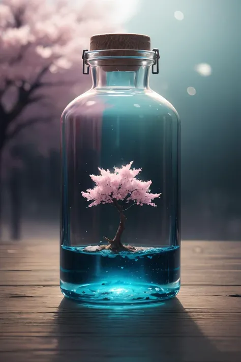 masterpiece, high quality, best quality, sakura tree in a bottle, fluffy, realistic, atmospheric light refraction, by lee jeffries nikon d850 film stock photograph 4 kodak portra 400 camera f1.6 lens rich colors hyper realistic lifelike texture dramatic lighting unreal engine trending on artstation cinestill 800, Style-Glass