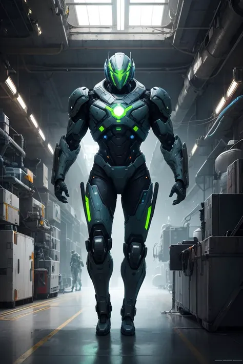full body photo of a war android, inside industrial spaceship, futuristic science fiction, futuristic theme, muscular, industrial blue and green theme, action scene, digital concept art, realistic, intricate detailed textures, filmic, cinematic, environmental character portrait