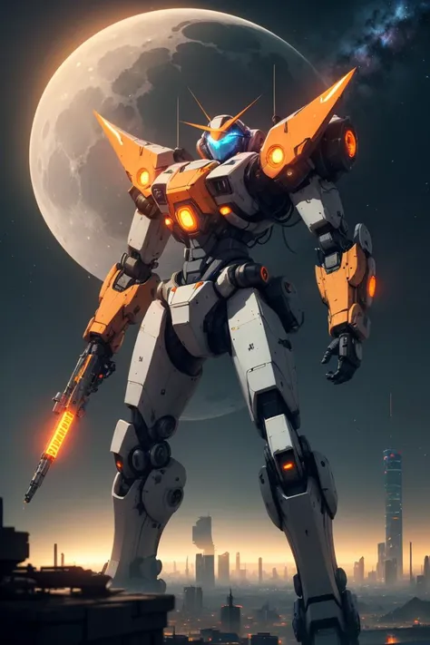 On the moon,barren planets, ruins, holding_weapon, no_humans, glowing, robot, building, glowing_eyes,orange mecha, science_fiction, city, realistic,mecha,Milky Way Galaxy background,full body,neon,cyberpunk, <lora:steampunkai10MBLora_10mb:0.5>