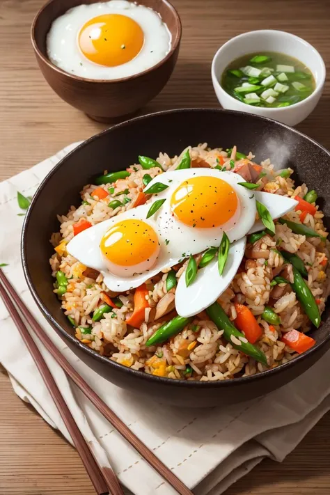 ultra detailed 8k RAW photo, Chinese Fried Rice, a pair of chopsticks, egg, steam,drinks,serving size