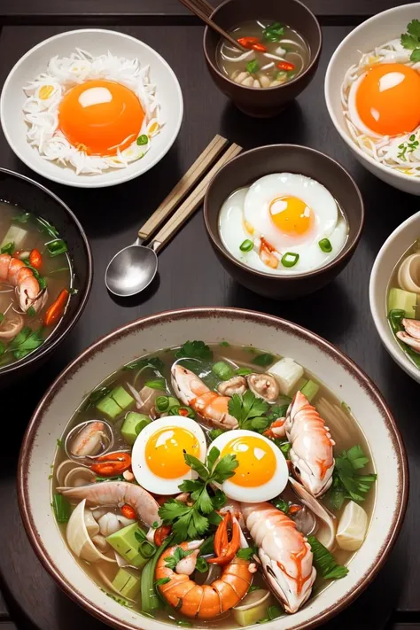 ultra detailed 8k RAW photo, Chinese Seafood Soup, chopsticks, egg, steam,drinks