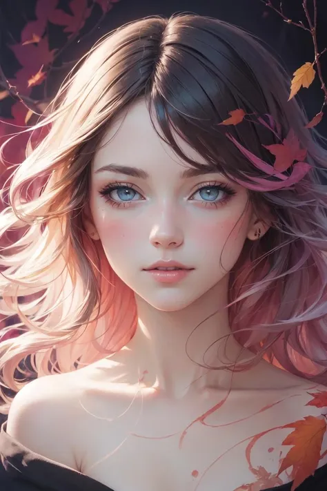 (8k, best quality, masterpiece:1.2),(best quality:1.0), (ultra highres:1.0), watercolor, a beautiful woman, shoulder, hair ribbons, by agnes cecile, half body portrait, extremely luminous bright design, pastel colors, (ink:1.3), autumn lights