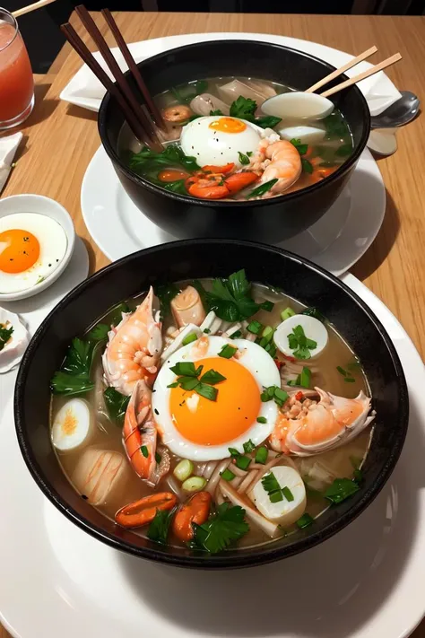 ultra detailed 8k RAW photo, Chinese Seafood Soup, chopsticks, egg, steam,drinks,serving size