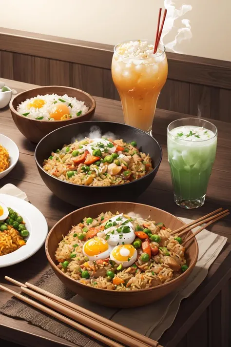 ultra detailed 8k cg, Chinese Fried Rice, chopsticks, egg, steam,drinks