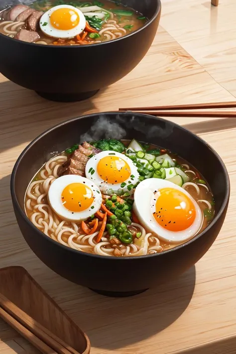 ultra detailed 8k cg, japanese ramen, chopsticks, egg, steam,