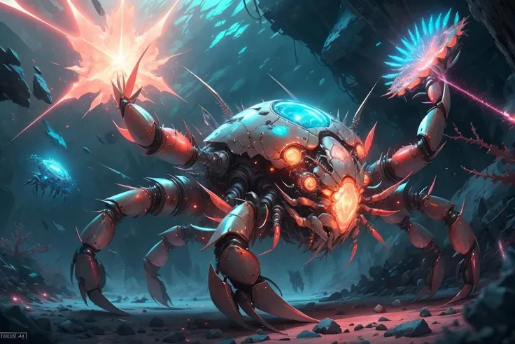 high quality, ,Mech4nim4lAI, crab made of glowing crystal ,<lora:Mech4nim4lAI:0.7>,scenery,shimmering coral,battlefield,debris,alien craft,lazers