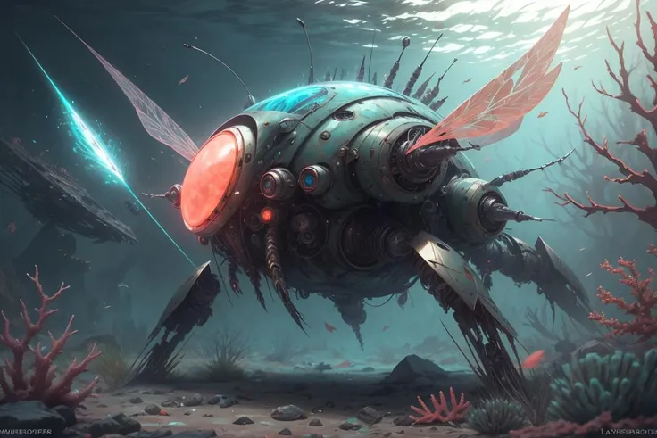 underwater,high quality, ,Mech4nim4lAI, [insect :robot:0.45] ,<lora:Mech4nim4lAI:0.7>,scenery,shimmering coral,battlefield,debris,alien craft,lazers