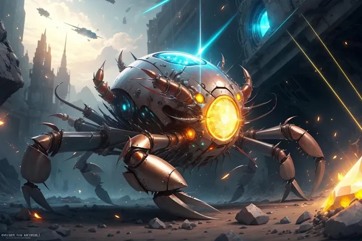 high quality, ,Mech4nim4lAI, crab made of glowing crystal ,<lora:Mech4nim4lAI:0.7>,scenery,nuclear bomb,battlefield,debris,alien craft,lazers