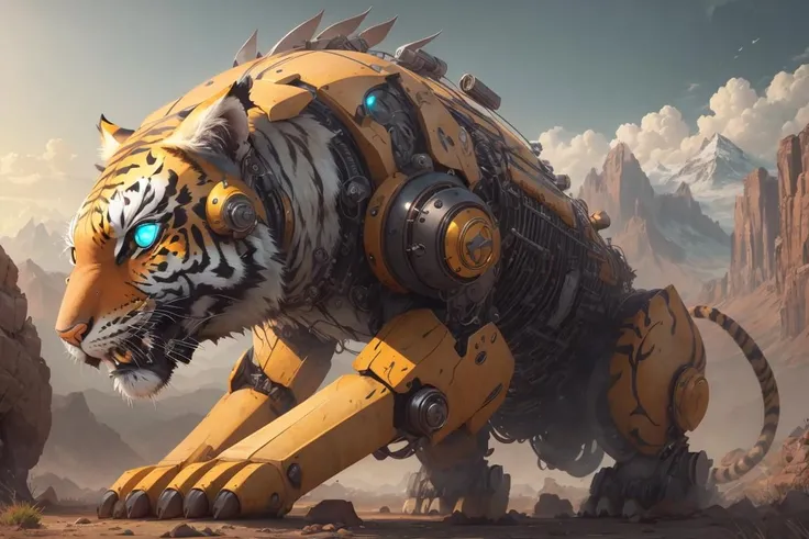 high quality, ,Mech4nim4lAI, [tiger :robot:0.4] ,<lora:Mech4nim4lAI:0.7>,scenery