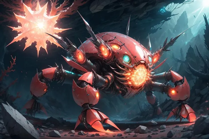 high quality, ,Mech4nim4lAI, crab made of glowing crystal ,<lora:Mech4nim4lAI:0.7>,scenery,shimmering coral,battlefield,debris,alien craft,lazers