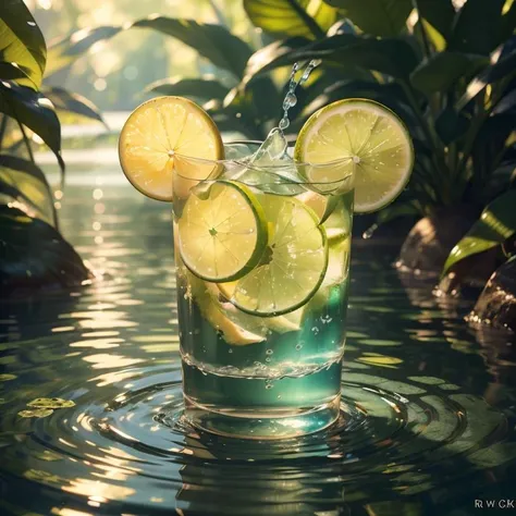 (8k, RAW photo, best quality, masterpiece:1.2),(realistic, photo-realistic:1.37),lemonade,(shiny background:1.2),green theme,water surface, <lora:cosmetics_v2:0.5>,solo focus,Product Feature