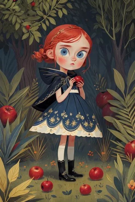 masterpiece, best quality,best quality,rich detail, (best quality),((masterpiece)),(highres), original, extremely detailed 8K wallpaper,(an extremely delicate and beautiful),chibiï¼Davidï¼\(style\)ï¼chibi,Flat style, hand drawn illustration, pencil pastel, children's picture book style,Girl, red hair, little braids, big blue eyes, dark blue lace skirt, black gold cape, black boots, apples, fruits, trees, grass, trees, lawns, bushes, <lora:David:0.7>