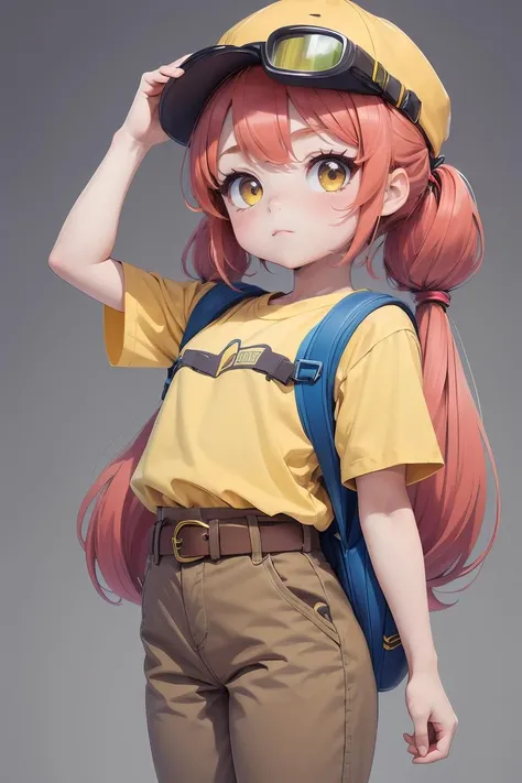 <lora:GoodHands-beta2:1>,(masterpiece, best quality, hires, high resolution:1.1), ( intricate details, highres) , 1 girl ,yellow shirt, red hair, pigtails, long hair, yellow cap with goggles, brown pants , arms , chibi , hat , bsjessie , Belt , <lora:bsjessie:0.6> , blue bagpack,chibi