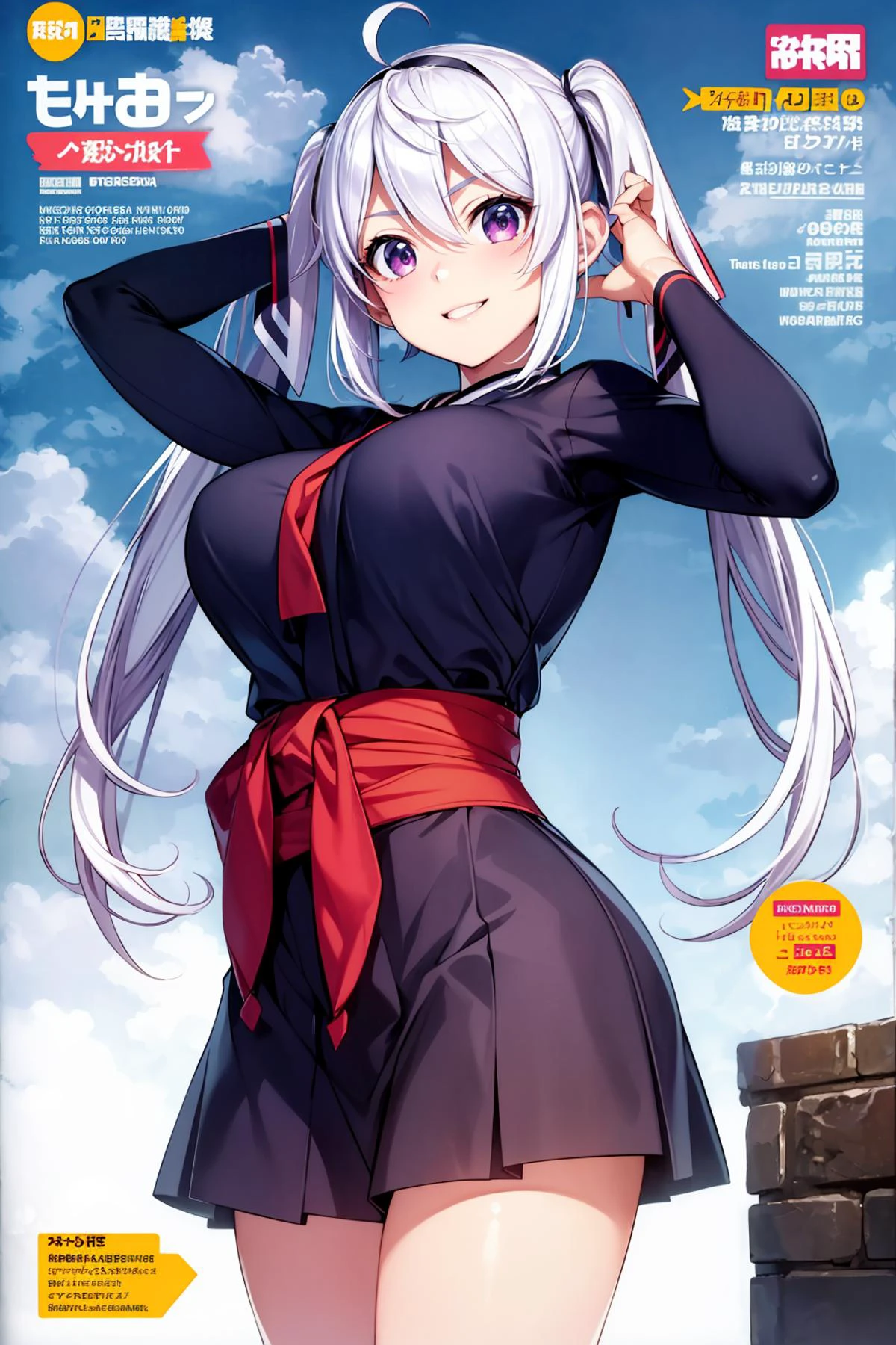 8k high quality detailed,highres,anime,comic,detailed image,
(an illustration of a age girl posing,(an illustration of girl,teengirl)),(magazine_illustration),
(, zena,1girl,white hair,ahoge,twintails,hairband,hair ornament,purple eyes,large breasts),(Brilliant Smile),detailed_face,
((Super Strength Pose: Flexing muscles with a determined look, ready to showcase incredible strength,):0.8),
((, jyojifuku,obi,wide sleeves,yukata,(purple dress),floral print):0.85),(,realistic clothing texture,realistic_skin_texture),<lora:zenaprison-nvwls-v1:0.65>,<lora:jyoji fuku v7:0.45>,<lora:more_details:0.2>