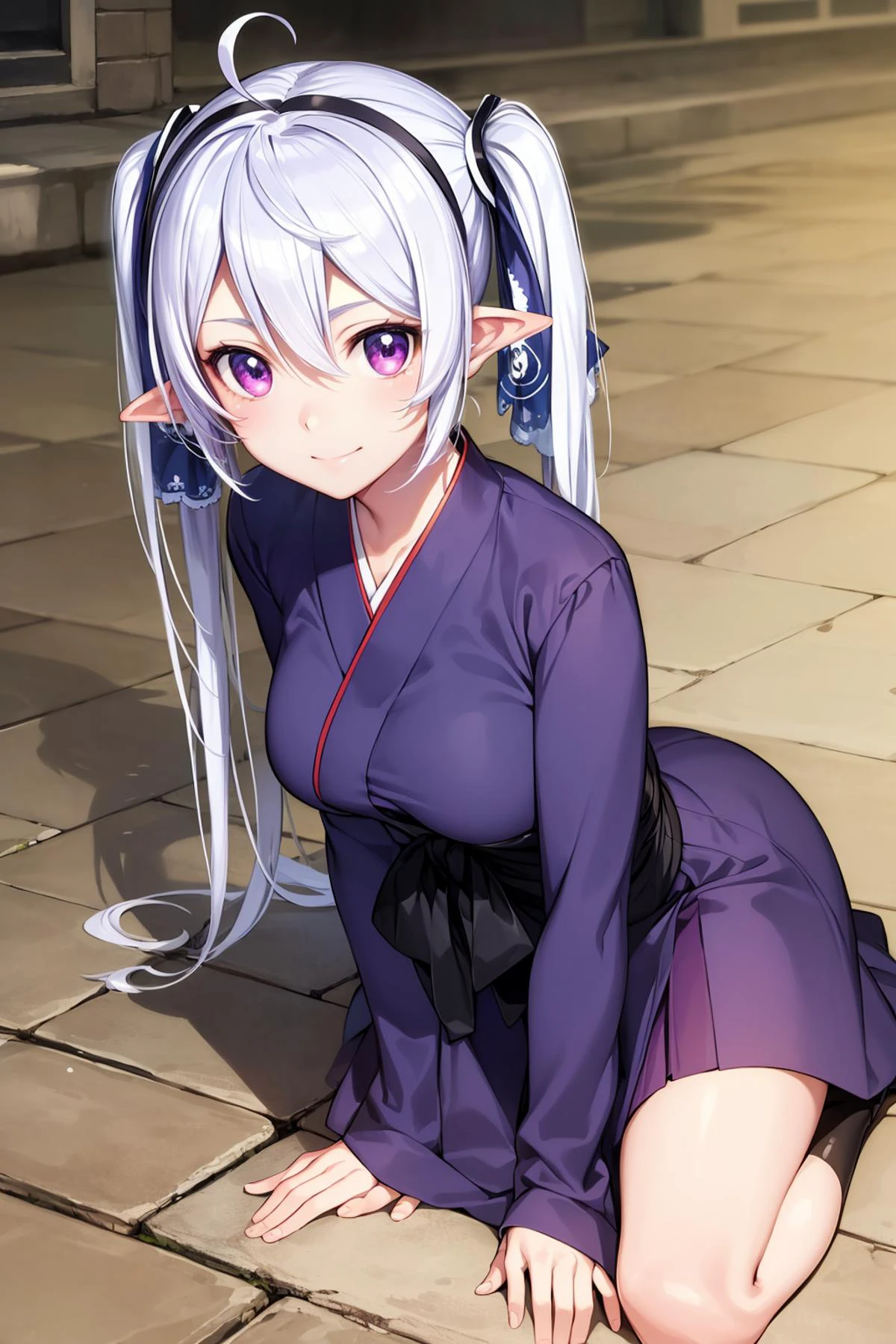 8k high quality detailed,highres,anime,comic,detailed image,
(an illustration of a age girl posing,(an illustration of girl,teengirl)),(magazine_illustration),
(, zena,1girl,white hair,ahoge,twintails,hairband,hair ornament,purple eyes,large breasts),(Wistful Smile),detailed_face,
((Leaning forward, hands on the knees,):0.8),
((, jyojifuku,obi,wide sleeves,yukata,(purple dress),floral print):0.85),(,realistic clothing texture,realistic_skin_texture),<lora:zenaprison-nvwls-v1:0.65>,<lora:jyoji fuku v7:0.45>,<lora:more_details:0.2>