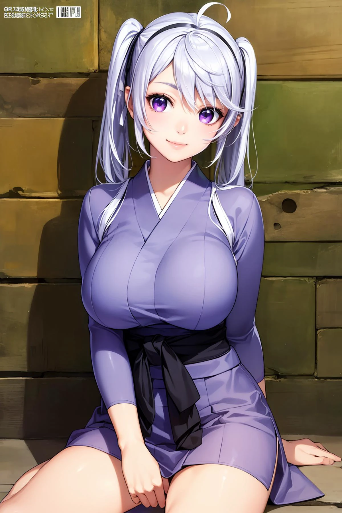 8k high quality detailed,highres,anime,comic,detailed image,
(an illustration of a age girl posing,(an illustration of girl,teengirl)),(magazine_illustration),
(, zena,1girl,white hair,ahoge,twintails,hairband,hair ornament,purple eyes,large breasts),(Ethusiastic Smile),detailed_face,
((Sitting, with one leg extended, leaning on the other knee,):0.8),
((, jyojifuku,obi,wide sleeves,yukata,(purple dress),floral print):0.85),(,realistic clothing texture,realistic_skin_texture),<lora:zenaprison-nvwls-v1:0.65>,<lora:jyoji fuku v7:0.45>,<lora:more_details:0.2>