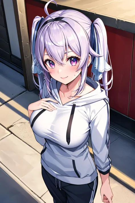 masterpiece, best quality, 1girl, <lora:zenaprison-nvwls-v1-000009:0.8> zena, ahoge, twintails, hairband, hair ornament, large breasts, white hoodie, sweatpants, standing, city, looking at viewer, smile, from above