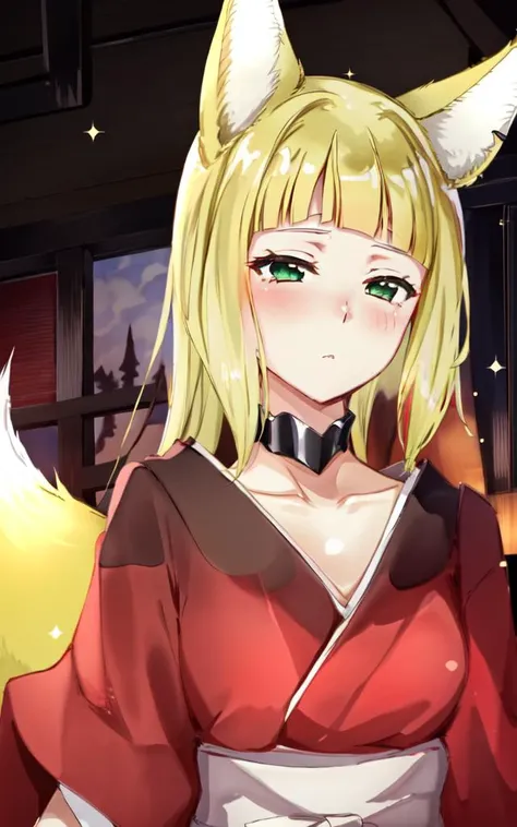 haruhime <lora:haruhime:0.8> 1girl, blond hair fox_ears huge fox tail long hair blunt_bangs shiny hair, green_eyes sleepy eyes, eyeliner blush medium breasts skindantation choker :> red kimono, japanese_clothes, half white hakama, capelet uchidenokoduchi shine tails , upper body