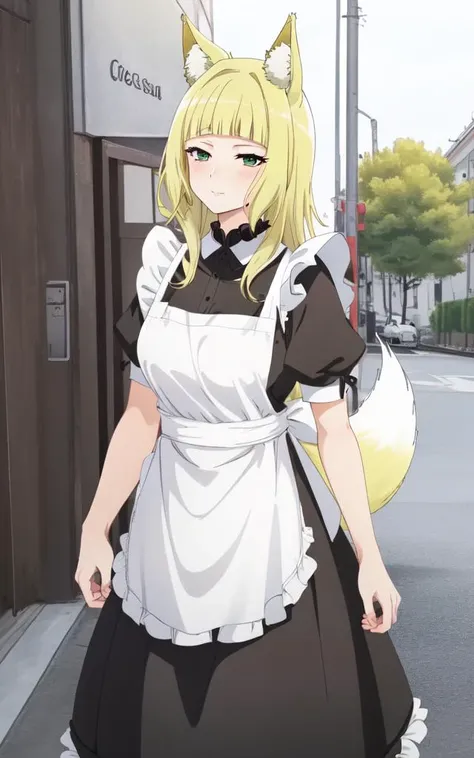 haruhime <lora:haruhime:0.7:NP> 1girl, blond hair fox_ears huge fox tail long hair blunt_bangs shiny hair, green_eyes sleepy eyes, eyeliner blush medium breasts skindantation choker smile , (((black long skirt black long_maid white waist apron frilled white blouse))) double-breasted,underbust, +++ best quality, high detailed, anime coloring illustration game cg contrapposto ++ Faint lips,UC:realistic cute anime face cinematic angle Girl at the front single focus dynamic pose
