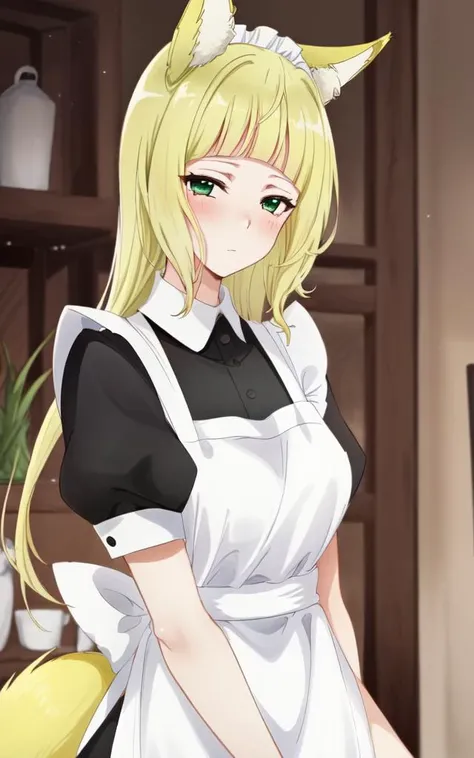 haruhime <lora:haruhime:0.8:IO> 1girl, blond hair fox_ears huge fox tail long hair blunt_bangs shiny hair, green_eyes sleepy eyes, eyeliner blush medium breasts skindantation choker :3 , (((black long skirt black long_maid white waist apron frilled white blouse))) double-breasted,underbust, +++ best quality, high detailed, anime coloring illustration game cg contrapposto ++ Faint lips,UC:realistic cute anime face cinematic angle Girl at the front single focus dynamic pose, portrait