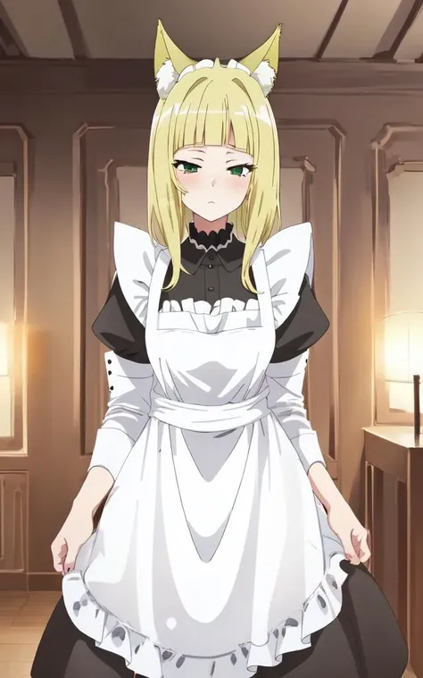 haruhime <lora:haruhime:0.7:NP> 1girl, blond hair fox_ears huge fox tail long hair blunt_bangs shiny hair, green_eyes sleepy eyes, eyeliner blush medium breasts skindantation choker :3 , (((black long skirt black long_maid white waist apron frilled white blouse))) double-breasted,underbust, +++ best quality, high detailed, anime coloring illustration game cg contrapposto ++ Faint lips,UC:realistic cute anime face cinematic angle Girl at the front single focus dynamic pose, face to tiptoe