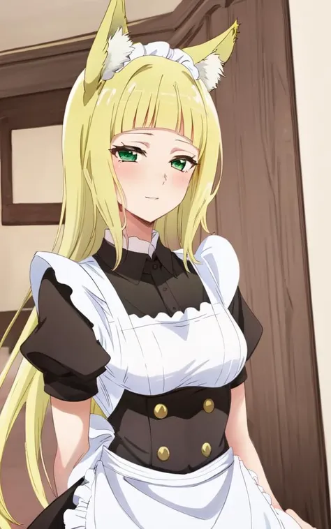 haruhime <lora:haruhime:0.7:NP> 1girl, blond hair fox_ears huge fox tail long hair blunt_bangs shiny hair, green_eyes sleepy eyes, eyeliner blush medium breasts skindantation choker smile , (((black long skirt black long_maid white waist apron frilled white blouse))) double-breasted,underbust, +++ best quality, high detailed, anime coloring illustration game cg contrapposto ++ Faint lips,UC:realistic cute anime face cinematic angle Girl at the front single focus dynamic pose, upper body