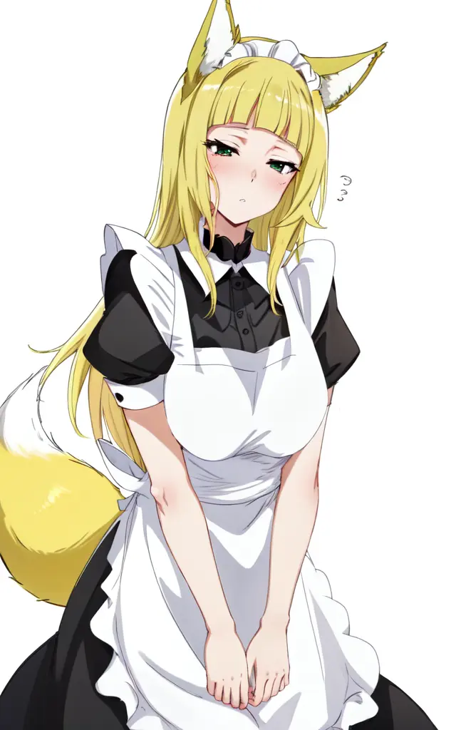 haruhime <lora:haruhime:0.7:NP> 1girl, blond hair fox_ears huge fox tail long hair blunt_bangs shiny hair, green_eyes sleepy eyes, eyeliner blush medium breasts skindantation choker :> , (((black long skirt black long_maid white waist apron frilled white blouse))) double-breasted,underbust, +++ best quality, high detailed, anime coloring illustration game cg contrapposto ++ Faint lips,UC:realistic cute anime face cinematic angle Girl at the front single focus dynamic pose, portrait
