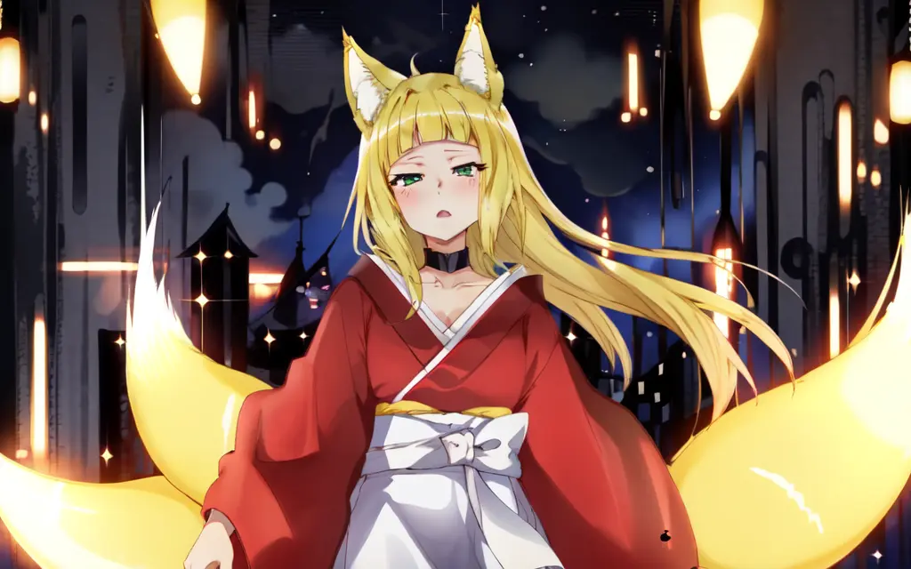 haruhime <lora:haruhime:0.8> 1girl, blond hair fox_ears huge fox tail long hair blunt_bangs shiny hair, green_eyes sleepy eyes, eyeliner blush medium breasts skindantation choker open mouth red kimono, japanese_clothes, half white hakama, capelet uchidenokoduchi shine tails , fullbody