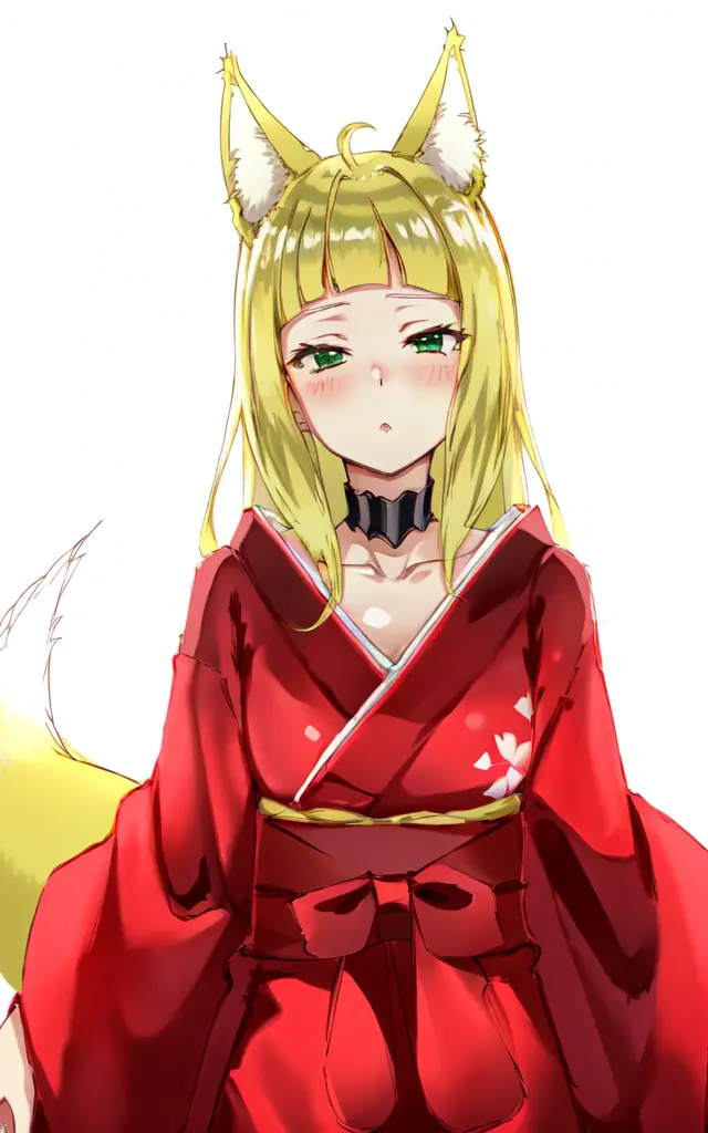 haruhime <lora:haruhime:0.8> 1girl, blond hair fox_ears huge fox tail long hair blunt_bangs shiny hair, green_eyes sleepy eyes, eyeliner blush medium breasts skindantation choker :> red kimono, japanese_clothes, half white hakama, capelet uchidenokoduchi shine tails , face to tiptoe