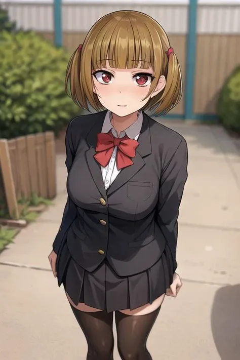 masterpiece, best quality, detailed face, detailed eyes, <lora:HUAbigail:0.5>, HUAbigail, medium breasts, brown hair, red eyes, short hair, blunt bangs, school uniform, black legwear, outdoors, school, gate, short twintails, standing,