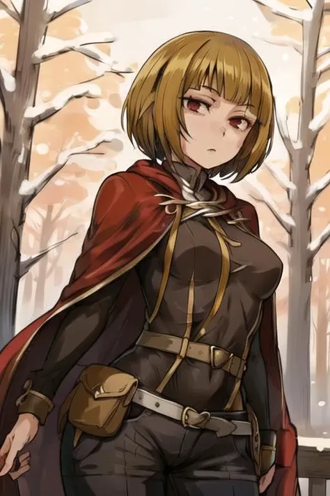 masterpiece, best quality, detailed face, detailed eyes, <lora:HUAbigail:0.5>, HUAbigail, 1girl, medium breasts, brown hair, red eyes, short hair, blunt bangs, ((short twintails,)) ((tunic, pants,)) outdoors, forest, belt pouch, feathered cape, tricorne, cloak, <lora:KnightsInTheNightmare:0.4>, <lora:cts_a3:0.4>