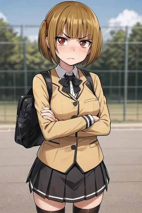 masterpiece, best quality, detailed face, detailed eyes, <lora:HUAbigail:0.5>, HUAbigail, medium breasts, brown hair, red eyes, short hair, blunt bangs, school uniform, black legwear, outdoors, school, gate, short twintails, standing, crossed arms, angry, v-shaped eyebrows,
